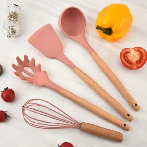 Silicone Kitchen Utensil Set Non Stick Cookware Spatula Soup Ladle With Wooden Handle Heat Resistant Cooking Tools