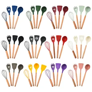4-Piece Silicone Kitchen Utensils Set with Wooden Handle Non-Stick Cookware Spatula