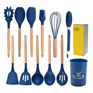 Set da 12 utensili da cucina in silicone con manici in legno, attrezzi antiaderenti e contenitore.