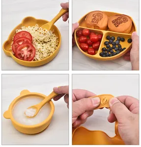 Baby silicone feeding set bear divided plate bowl spoon bib infant tableware detail