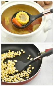 Silicone kitchen utensil detail shot, heat resistant soup ladle and spatula tool set.