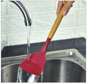 silicone spatula with wooden handle heat resistant kitchen cooking tool detail view