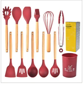 12-piece silicone kitchen utensil set with wooden handles, storage bucket and cooking tools.