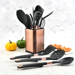 13-piece silicone kitchen utensils set with holder, non-stick cooking tools, rose gold accent