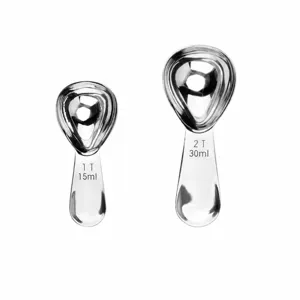 Stainless steel measuring spoons set two-piece kitchen baking coffee tools with clear sizes.