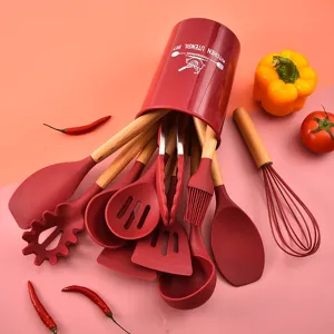 Silicone Kitchen Utensil Set Wooden Handle Non-Stick Cooking Spatula Soup Ladle Whisk Baking Tools Kitchen Accessories