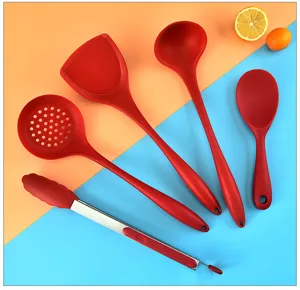 Red silicone kitchen utensil set details, including spatula, ladle, and spoons for cooking use.