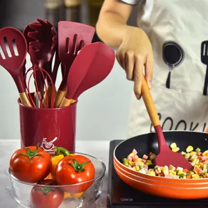 Silicone kitchen utensil set with wooden handles 12-piece cooking tools with storage bucket