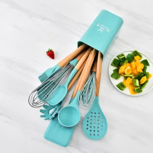 Silicone kitchen utensil set with wooden handles, spatula, soup ladle and storage holder.