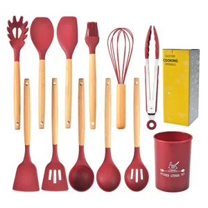 Silicone kitchen utensil set 12 pieces with wooden handle non-stick spatula cooking tools.