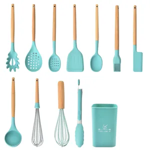 Silicone kitchen utensils set with wooden handle 12 pieces teal cooking tools with holder