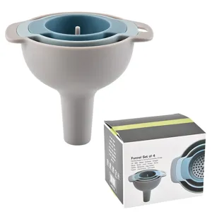 Set di 4 imbuti in plastica per cucina, olio e marmellata, design impilabile per facile stoccaggio.