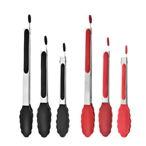 Set di pinze da cucina in acciaio inossidabile con punte in silicone per cottura barbecue.