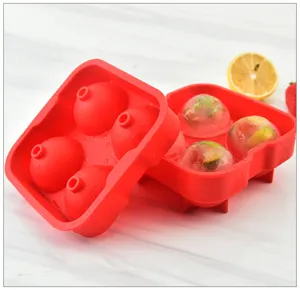 Red 4-cavity silicone round ice ball mold for home kitchen DIY sphere ice maker tray