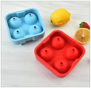 Silicone 4-cavity sphere ice cube mold maker set, flexible home DIY ice ball tray tool.