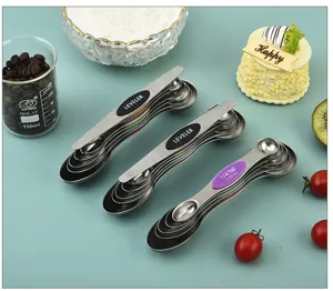 Stainless steel magnetic double-headed measuring spoons set, baking kitchen tool with clear scale.