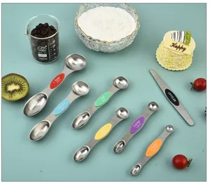 Stainless steel magnetic double-headed measuring spoon set with colorful silicone grips for baking.