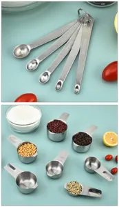 Stainless steel measuring spoons and cups detail view, precise baking kitchen tool scale.