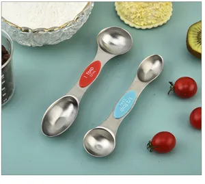 Stainless steel magnetic dual head measuring spoon set for kitchen baking and cooking use.