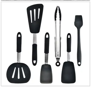 Silicone kitchen utensil set featuring spatulas, tongs, and oil brush for daily cooking use.