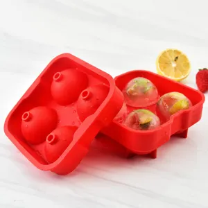 4-cavity silicone ice ball mold maker for whiskey cocktails, flexible round ice cube tray.