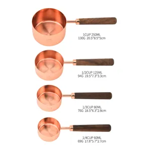 Stainless steel measuring cups set with walnut wooden handles, rose gold baking tools 4pcs.