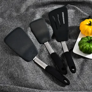 Silicone kitchen utensil set with heat resistant spatulas and stainless steel handles main image.
