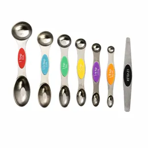 Stainless steel magnetic double-headed measuring spoon set with size and weight specs