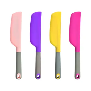 Silicone spatula set for baking, cake scraping, and cream mixing with comfortable grey handles.