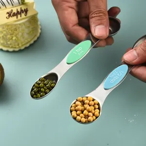 Stainless steel magnetic double-head measuring spoon set for home baking and cooking.