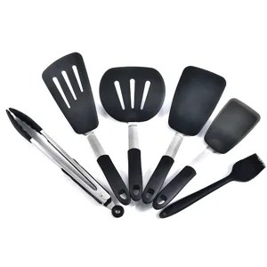 Silicone kitchen utensils set, black heat resistant spatula and cooking tools for kitchen.