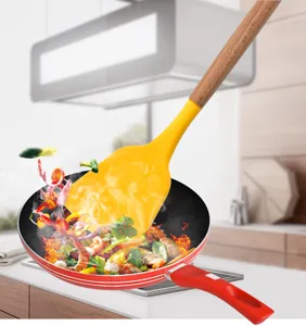 Wooden handle yellow silicone spatula detail shot, ideal for non-stick cookware and daily cooking.