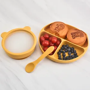 Kids silicone tableware set baby suction bowl divided plate feeding spoon toddler safe dish