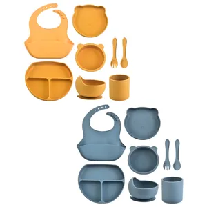 Baby silicone tableware set 8-piece feeding bowl bib spoon fork set for toddlers