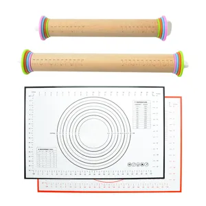 Baking mat and adjustable wooden rolling pin set with measurement scales and silicone pastry sheet.