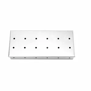 Stainless steel BBQ smoker box with multiple holes, portable grill accessories for outdoor cooking.
