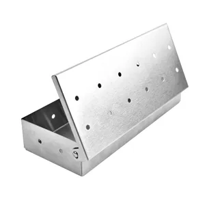 Stainless steel BBQ smoker box with twelve holes and hinged lid for outdoor grilling
