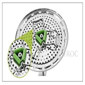 Stainless steel folding steam basket detail view with silicone feet for instant pot cooker.