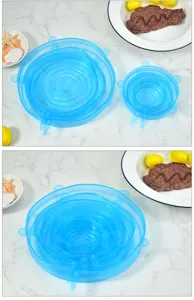 Coperchi in silicone blu in vista di dettaglio, pellicola elastica multifunzione.