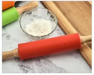 Silicone rolling pin with wooden handle for baking non-stick dough roller kitchen baking tool set
