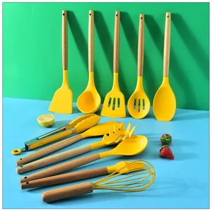 Silicone kitchen utensil set with wooden handles, heat-resistant spatula and spoon set.