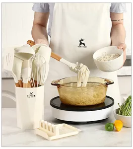 Detailed view of wooden handle silicone kitchen utensil set showcased in a clean home kitchen setting.