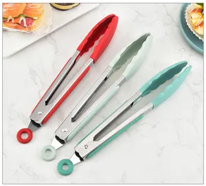 Stainless steel food tongs with silicone heads kitchen BBQ bread clamp set 3 colors
