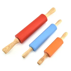 Silicone Rolling Pin With Wooden Handle Non-Stick Dough Roller Baking Tool For Kitchen Cooking Pastry Baking