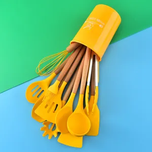Silicone Kitchen Utensils Set With Wooden Handles Heat Resistant Cooking Tools Including Turner Spoon Spatula Whisk And Holder