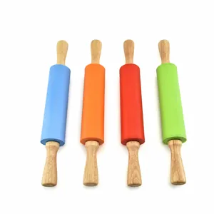 Large silicone rolling pin with wooden handle for baking non-stick pastry dough tool