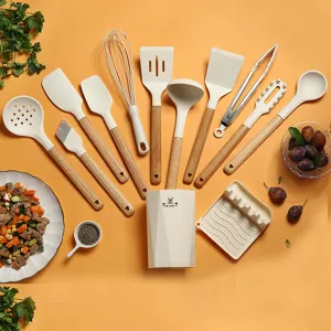 Silicone kitchen utensils set with wooden handle 13 pieces cooking tools for home use