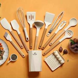 Silicone kitchen utensil set with wooden handles, durable heat resistant cooking tools.