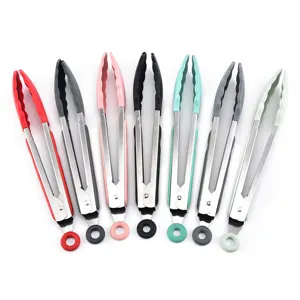 Stainless steel kitchen tongs with colorful silicone heads for cooking, BBQ, and food serving.