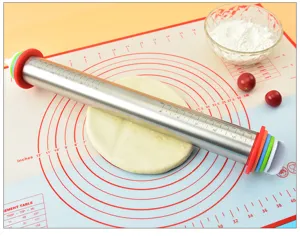 Stainless steel adjustable rolling pin and silicone baking mat set with measurement scales.